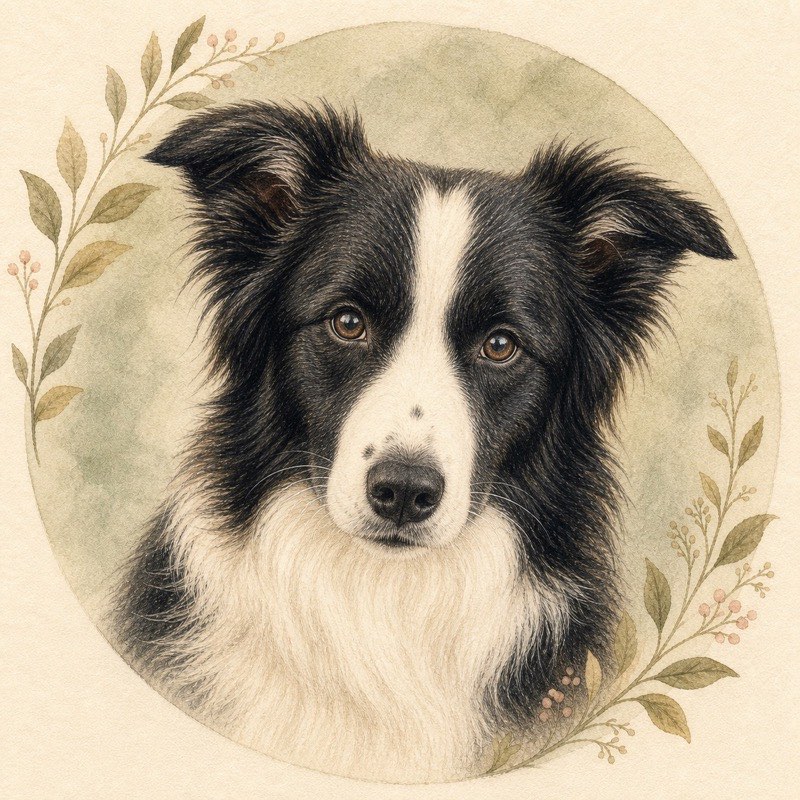 Colored-pencil memorial portrait of a black-and-white border collie with a white blaze