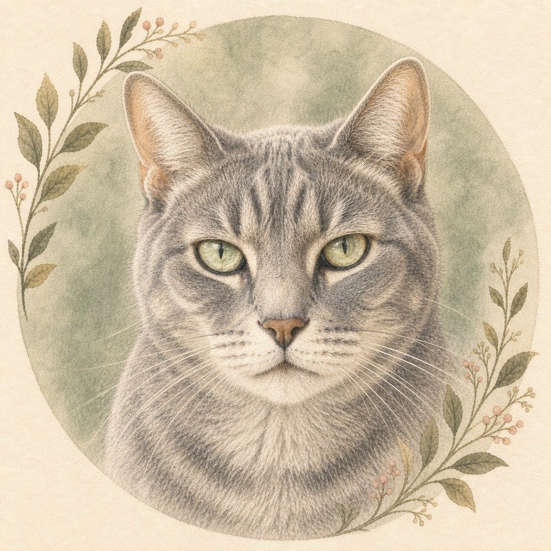 Colored-pencil memorial portrait of a grey and silver senior short-haired cat with green eyes