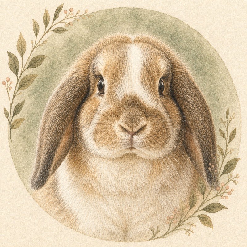 Colored-pencil memorial portrait of a brown-and-cream lop-eared rabbit