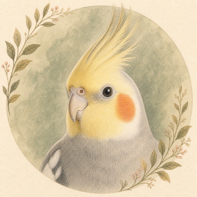 Colored-pencil memorial portrait of a cockatiel with a yellow face and orange cheek patch